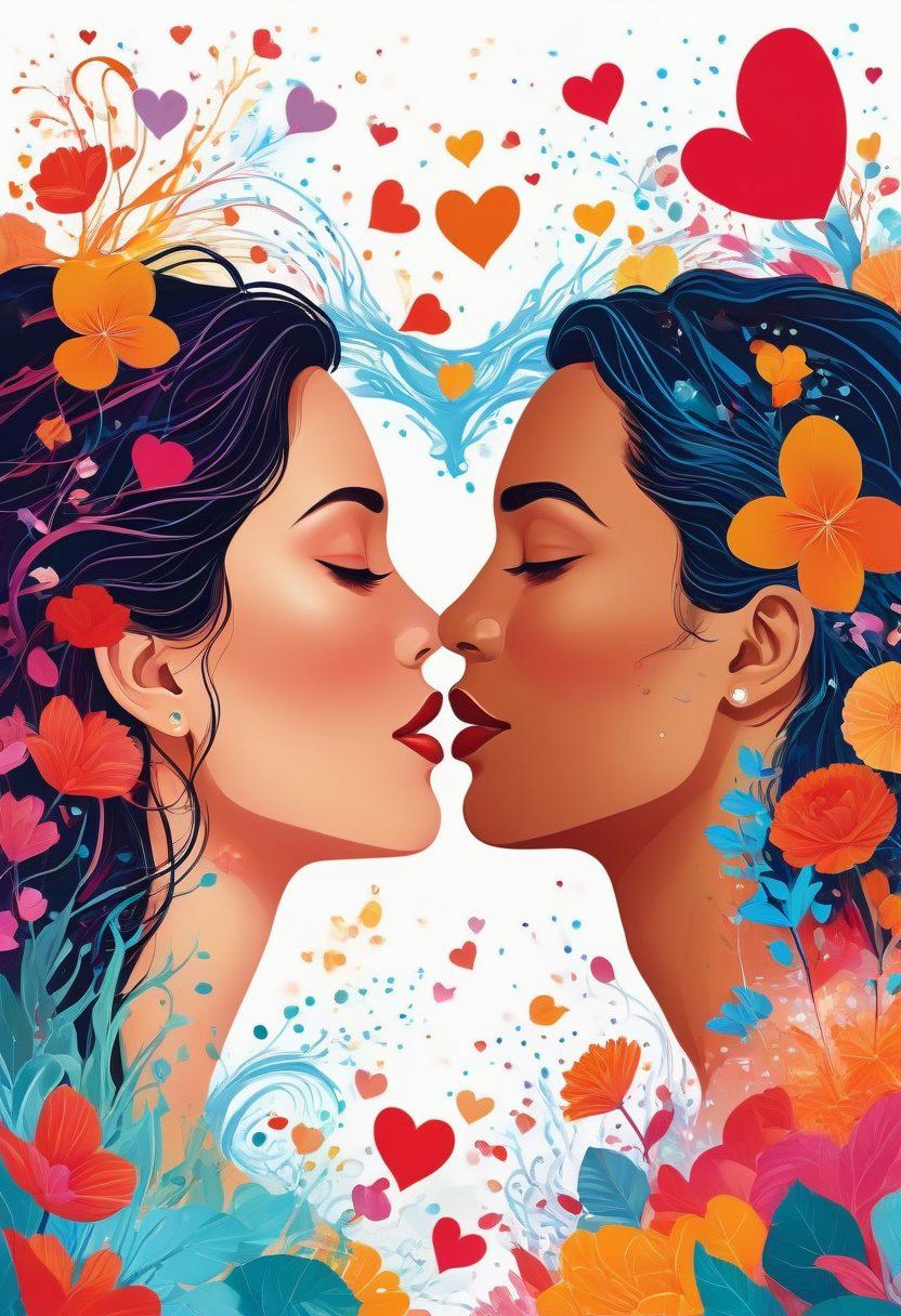 A visually captivating collage featuring diverse individuals joyfully engaging in healthy discussions about sexuality and pleasure. The background should include abstract symbols of love and intimacy like hearts, lips, and playful silhouettes. Incorporate elements of nature to symbolize growth, such as blooming flowers and flowing water. Bright, inviting colors that radiate warmth and inclusivity, creating an atmosphere of openness and acceptance. vector art. vibrant colors. white background.