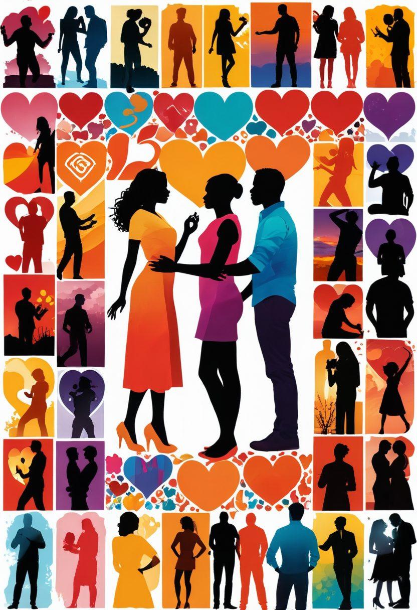 A creative collage representing empowerment in sexuality, featuring diverse couples communicating openly, a vibrant heart symbol intertwined with digital media elements, and warm colors radiating positivity. Include silhouettes of various lifestyles embracing intimacy and connection. super-realistic. vibrant colors. white background.