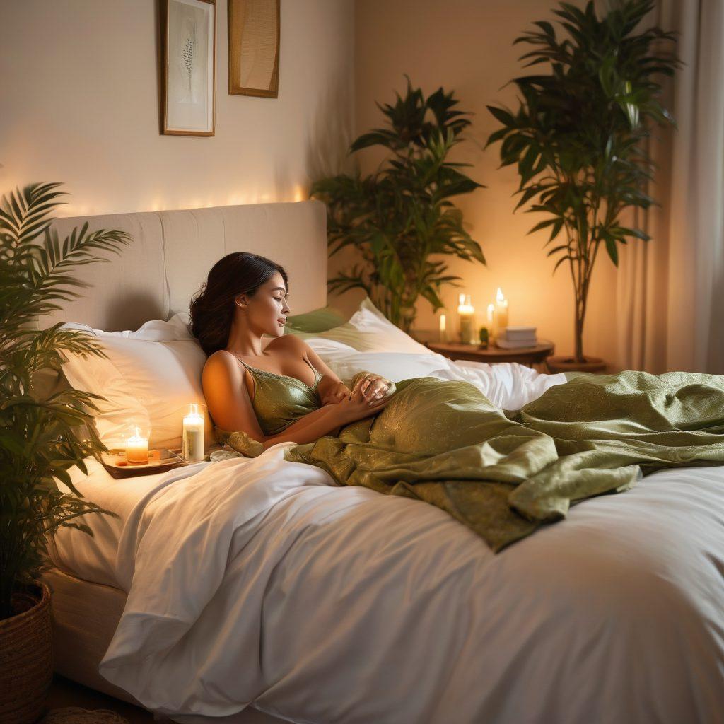 A serene setting with a cozy bedroom, soft candlelight illuminating a stylish bed adorned with luxurious silk sheets. Show diverse couples engaging in intimate moments, surrounded by tasteful decor promoting sexual wellness, such as books on communication and wellness products. Include natural elements like plants for a harmonious atmosphere. Emphasize warmth and connection in the composition. soft focus. warm color palette. elegant illustration.